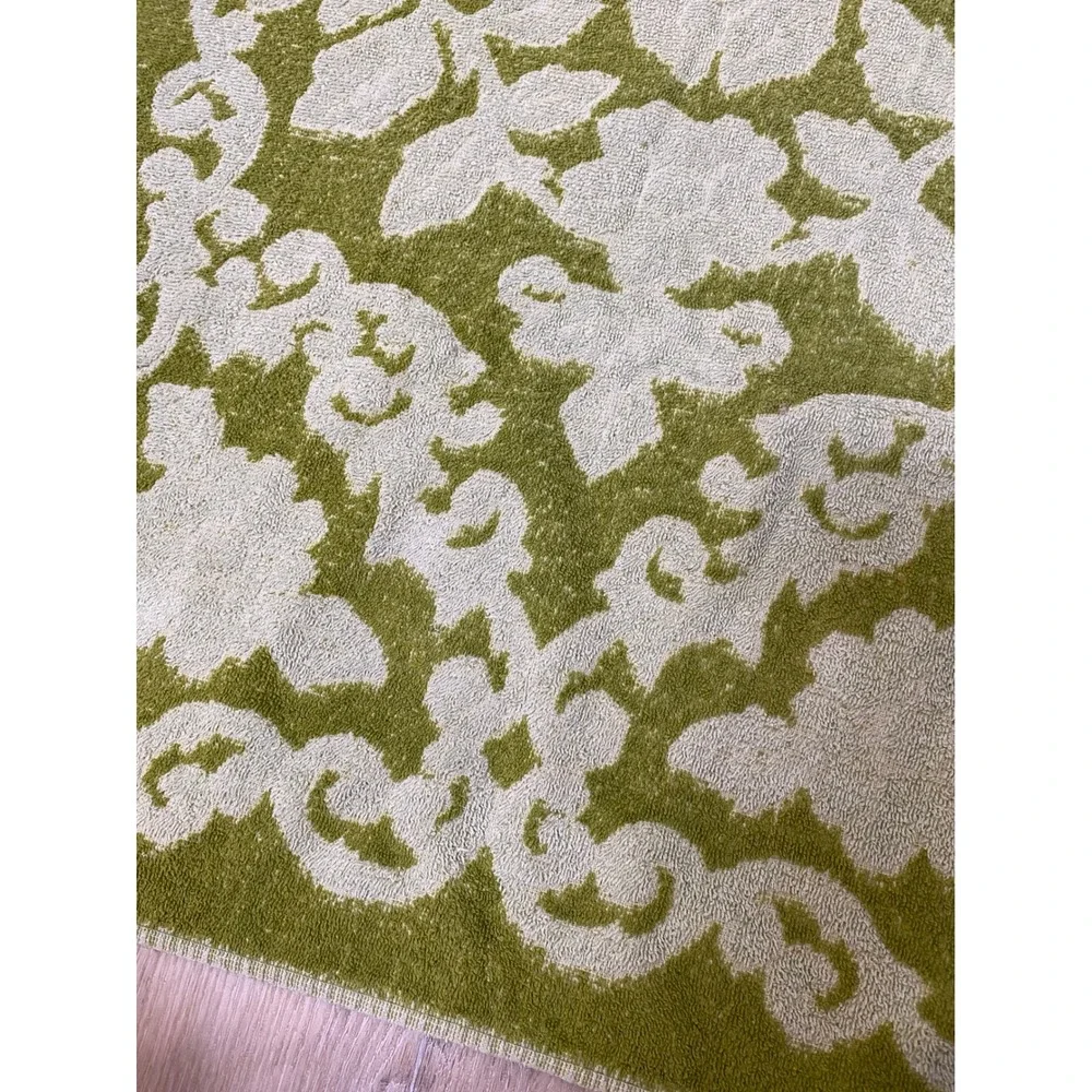 Vintage Avocado Green Damask Floral Cotton Terry Cloth Towel Retro MCM Boho
